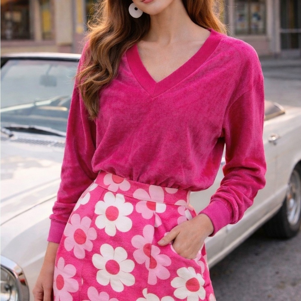 Vintage Au Pair Hot Pink Velour V-Neck Sweatshirt Long Sleeve Retro Top Small